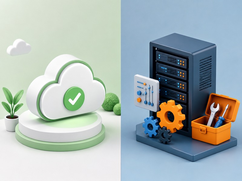 Hosted vs self-hosted concept shown as managed cloud vs server rack