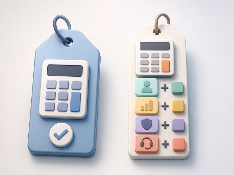 Two price tags representing all-inclusive pricing vs à-la-carte costs
