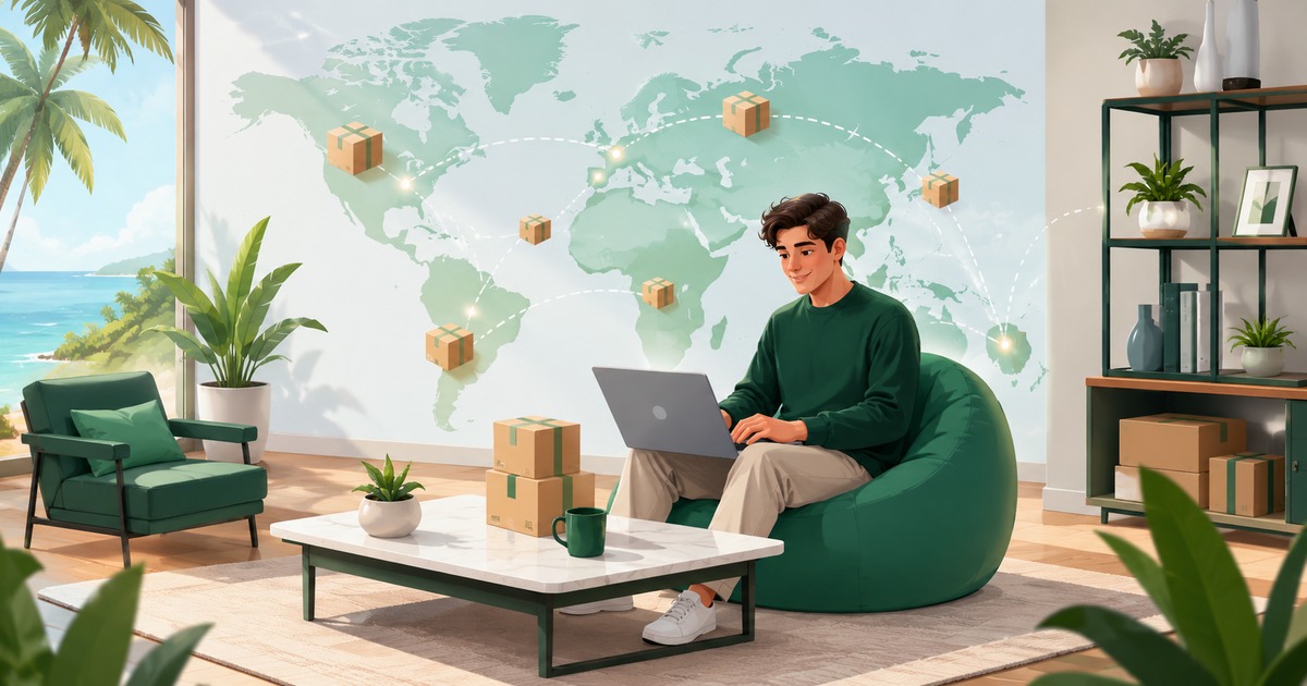 Young entrepreneur with laptop enjoying location-independent dropshipping business