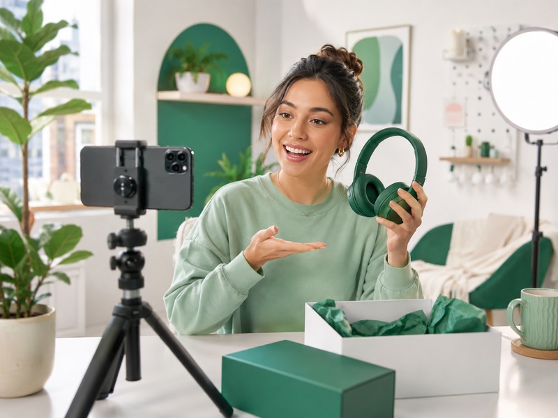 Content creator filming TikTok video for product marketing
