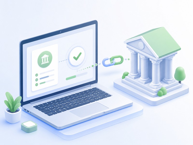 Laptop connecting to bank account with chain link icon