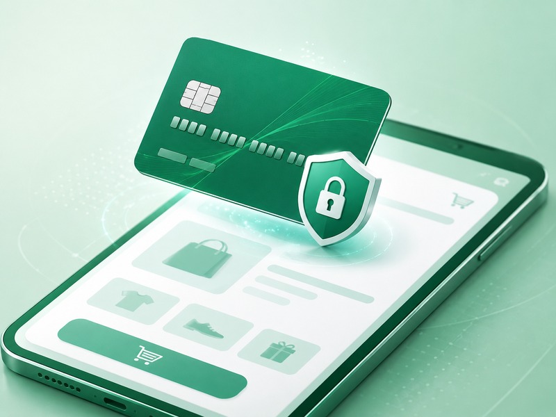Secure credit card payment processing with shield icon