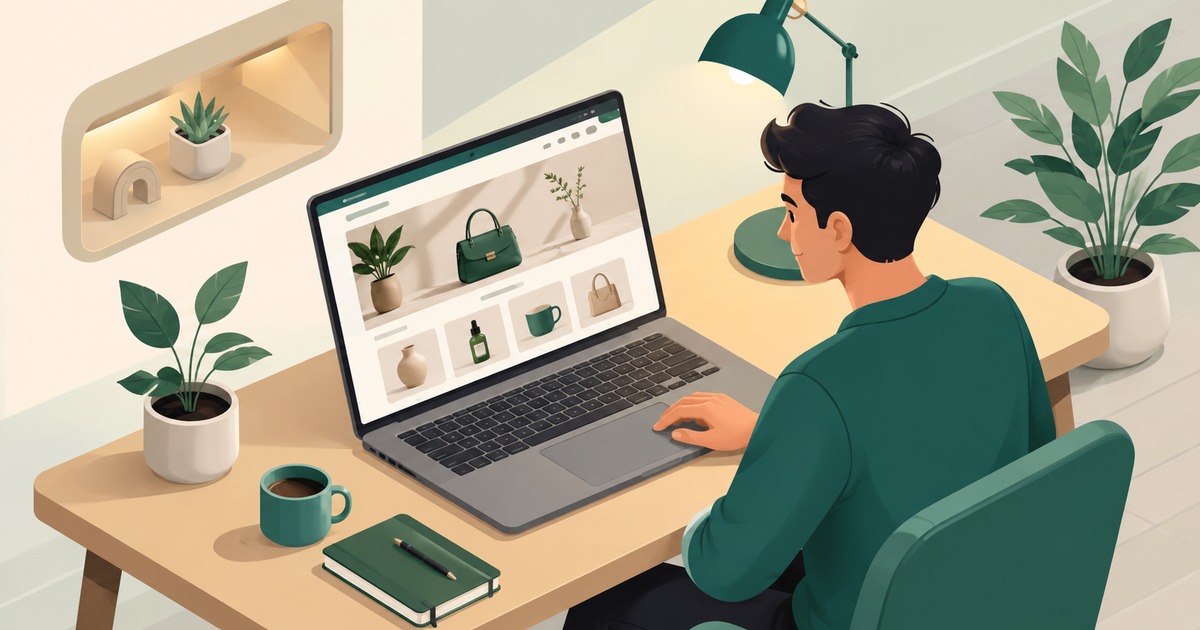 Young entrepreneur working on Shopify store setup in modern workspace
