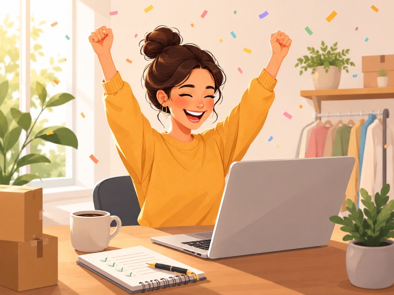 Happy entrepreneur celebrating successful online store launch