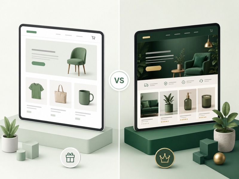 Split scene comparing free theme vs premium theme websites