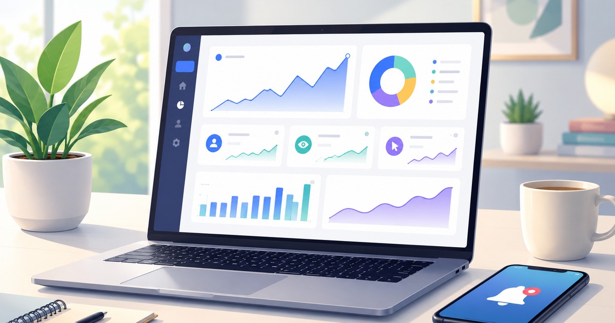 Modern analytics dashboard showing traffic growth graphs and visitor statistics