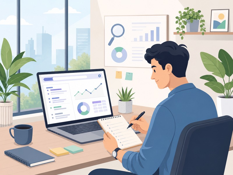 Person doing keyword research and SEO strategy on laptop