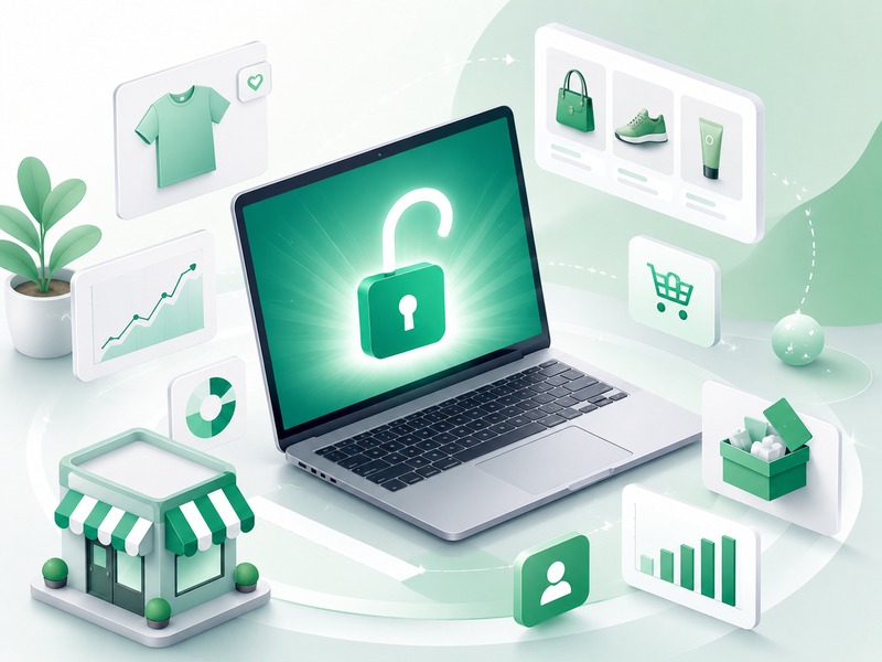 Unlocked padlock with ecommerce interface elements representing full trial access
