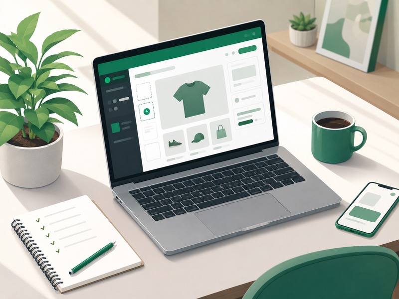 Organized desk with laptop showing website builder and productivity tools